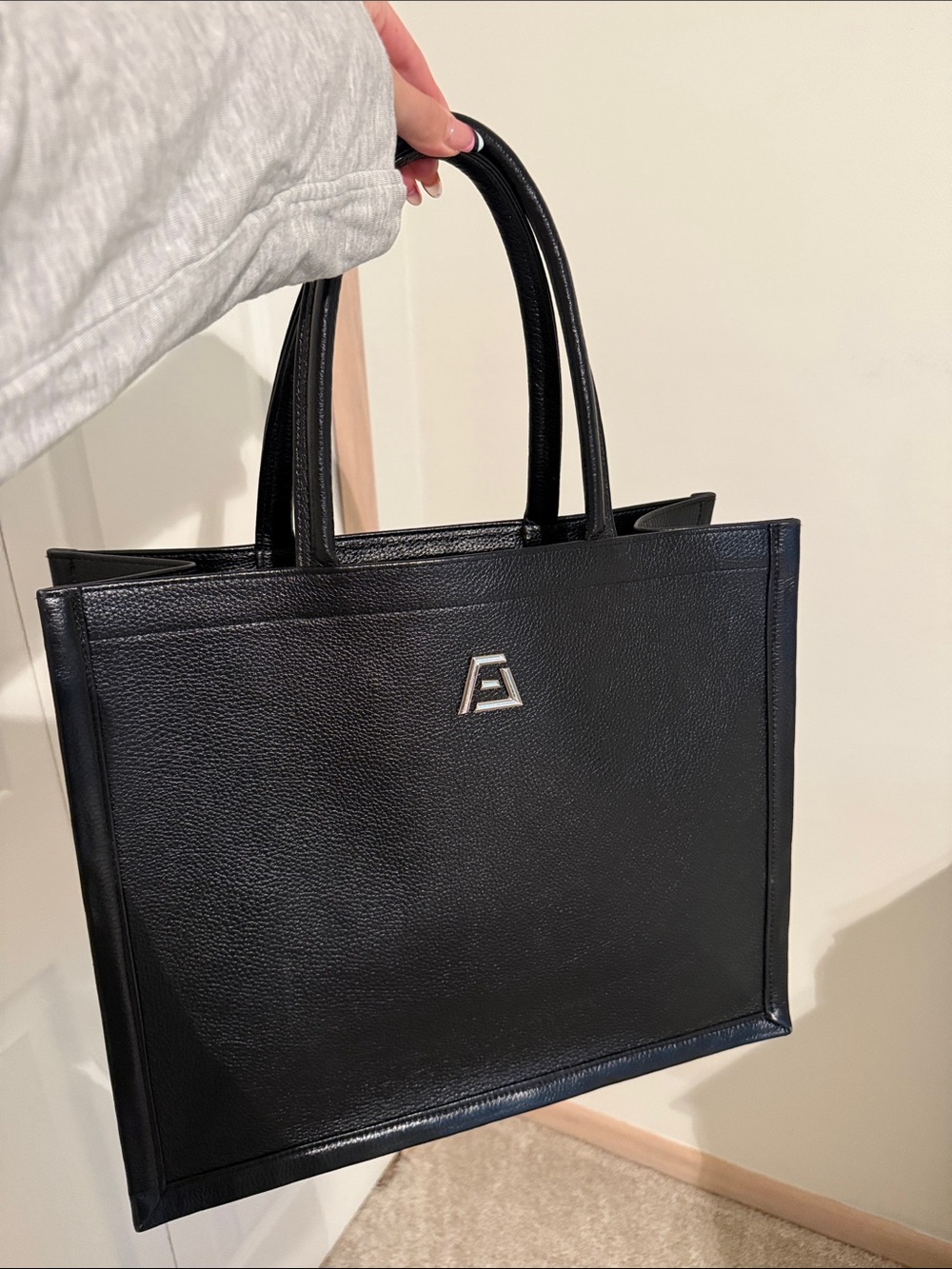 Alara Black Leather Tote with Silver Emblem